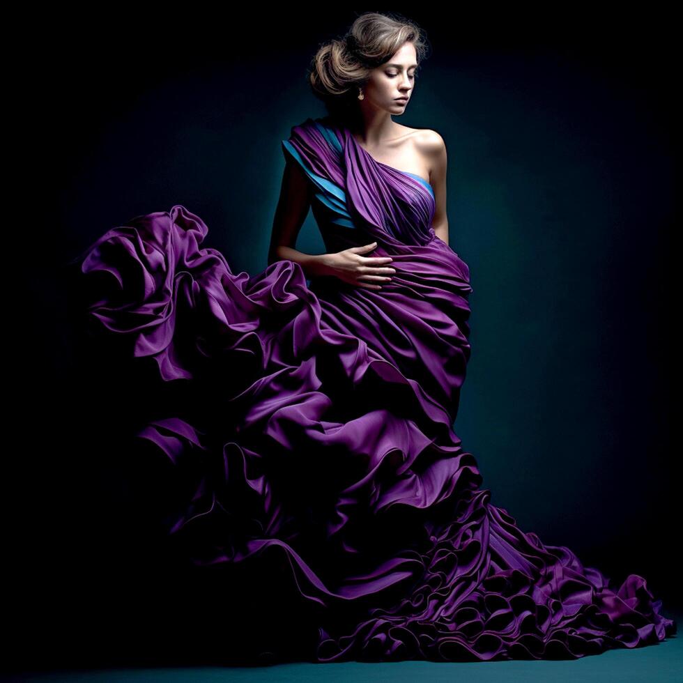A pretty girl in a elegant purple ruffled dress on a dark background photo