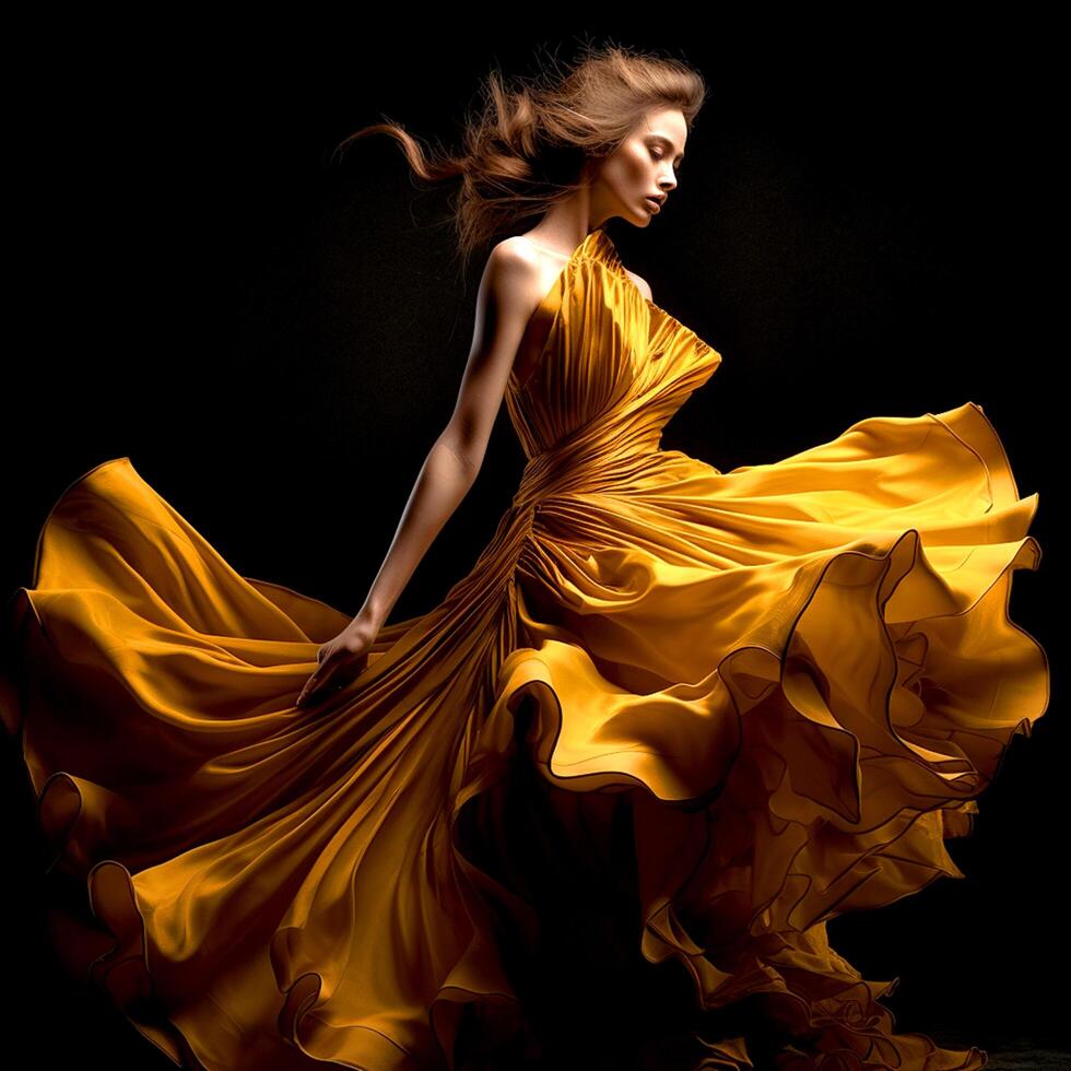 A pretty girl in a yellow ruffled dress on a dark background photo