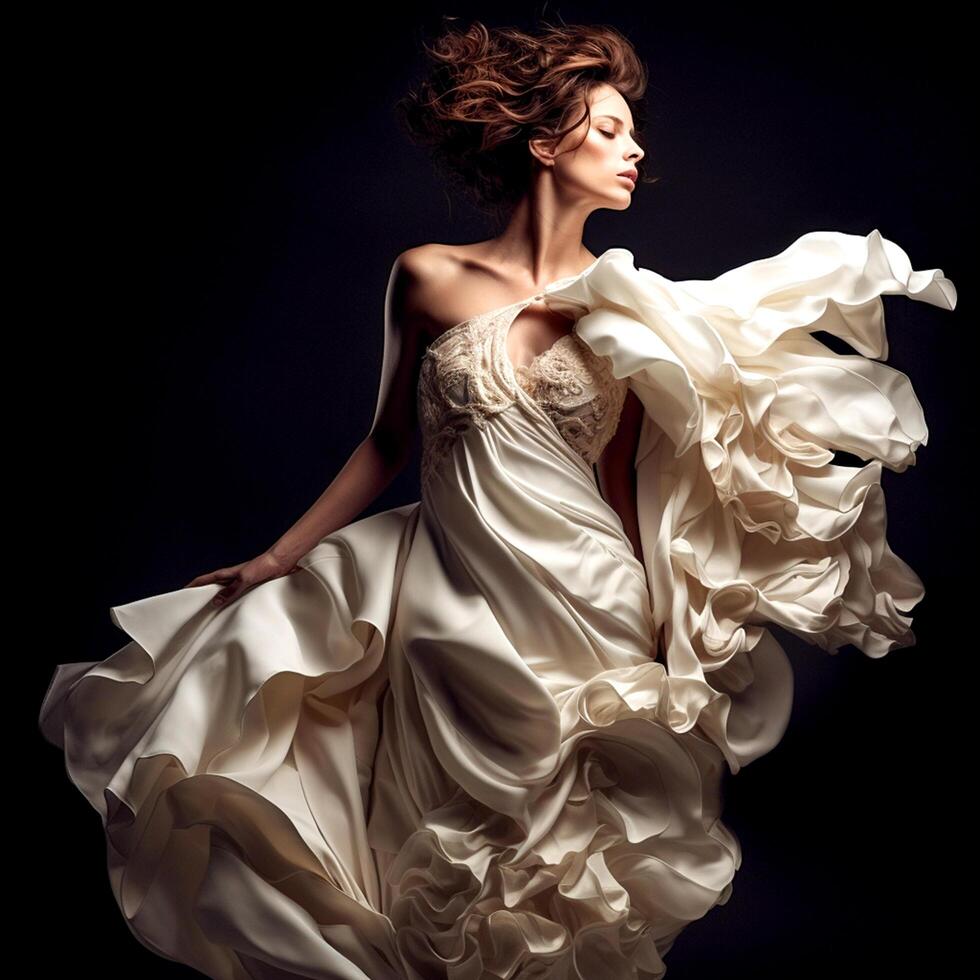 A girl in a abstract white ruffled dress on a dark background photo