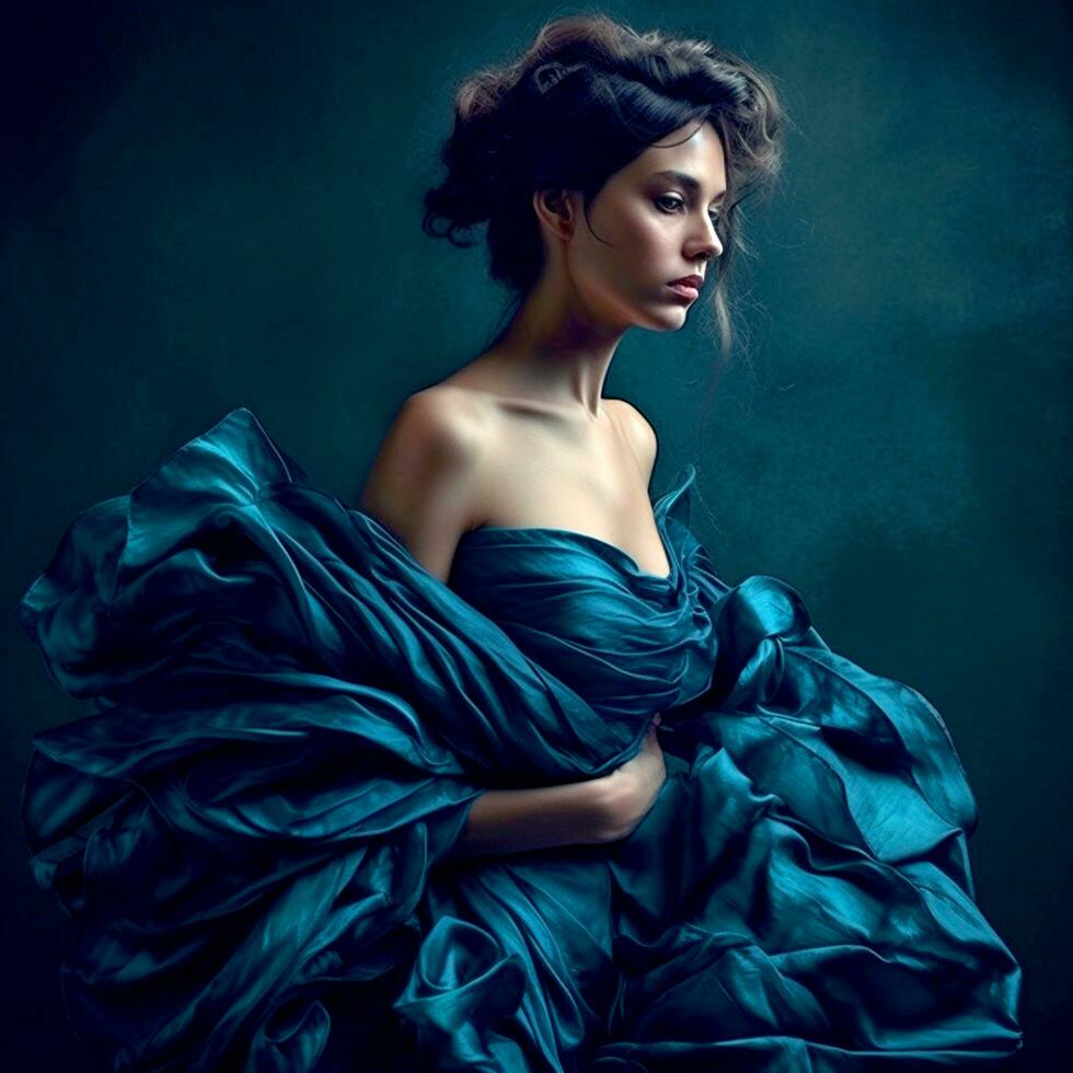 ai generativo un hermosa modelo poses para el cámara en un elegante azul alborotado vestir en contra un oscuro antecedentes foto