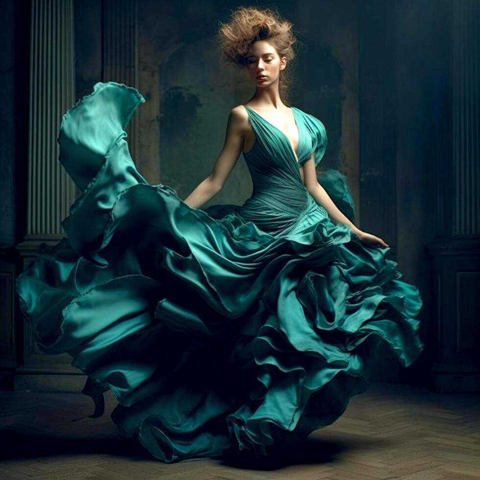 A pretty girl in a green ruffled dress on a dark background photo