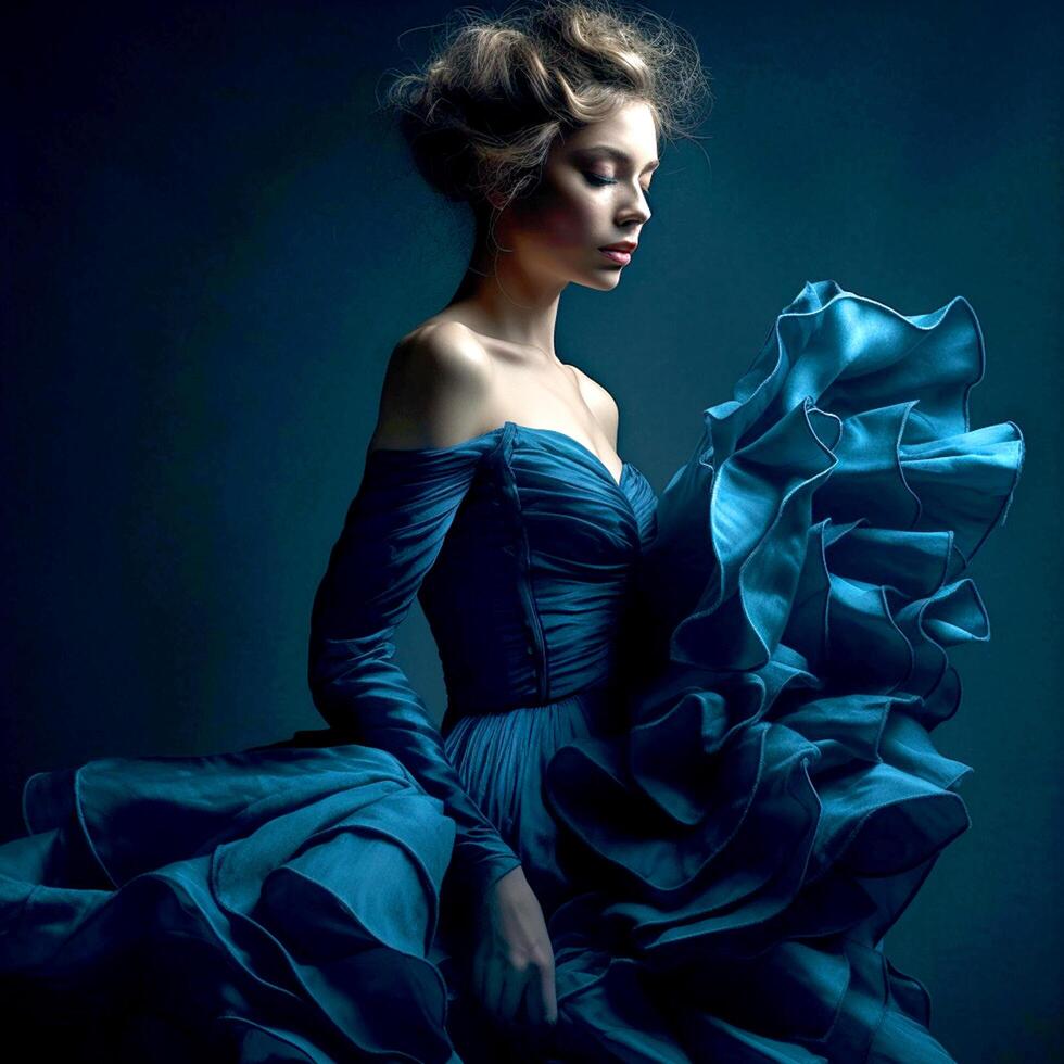 A beautiful model with a blue ruffled dress on a dark background photo