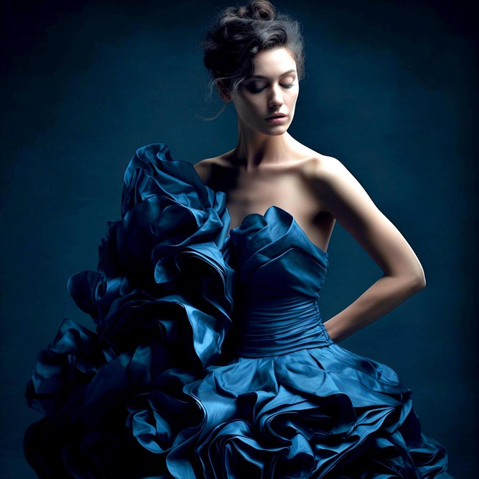 AI Generative A pretty girl woman poses for the camera in a blue ruffled dress against a dark background photo