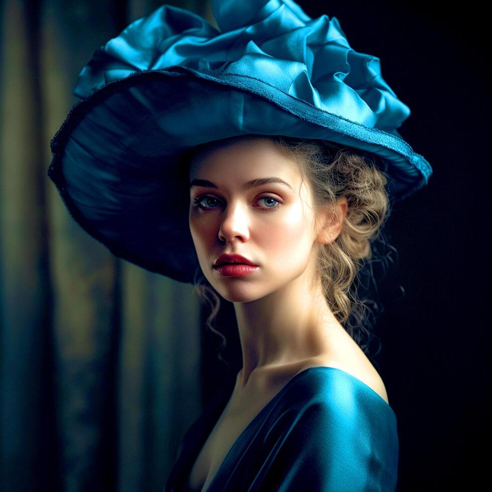A beautiful girl in a abstract blue hat and blue ruffled dress on a dark background photo