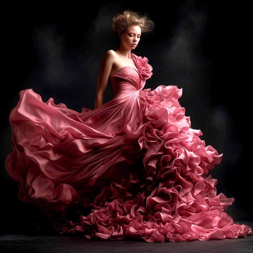 A pretty model with a abstract pink ruffled dress on a dark background photo