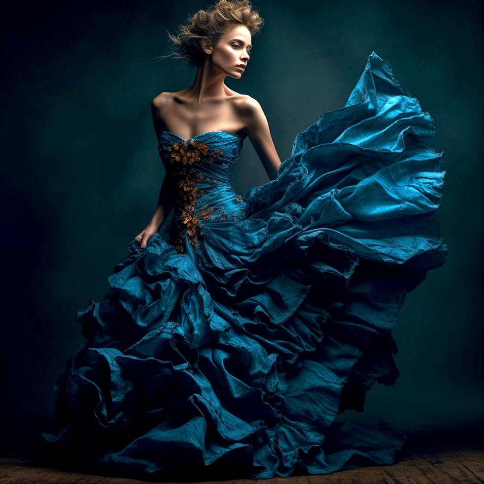 A woman poses for the camera in a blue ruffled dress against a dark background photo