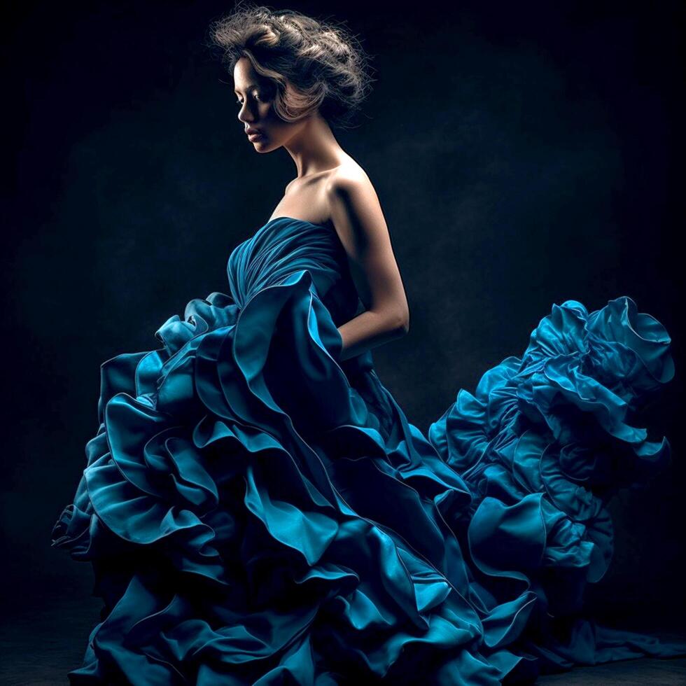 Pretty Model in a blue ruffled dress on a dark background photo