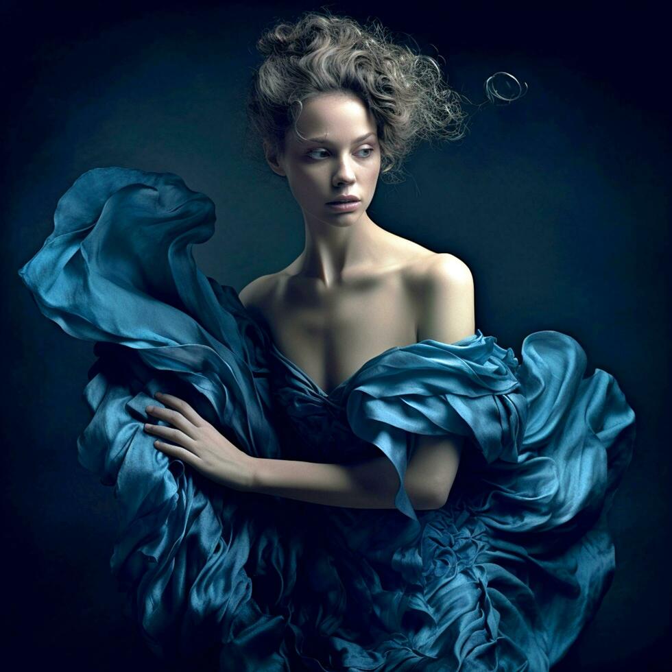 AI Generative A short-haired girl poses for the camera in an abstract blue ruffled dress against a dark background photo