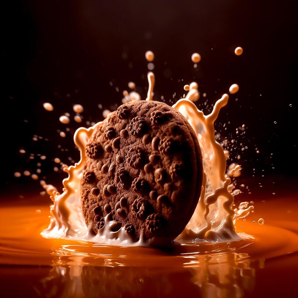 Delicious Chocolate Cookies and fresh vanilla milk cream flow on the abstract dark background photo
