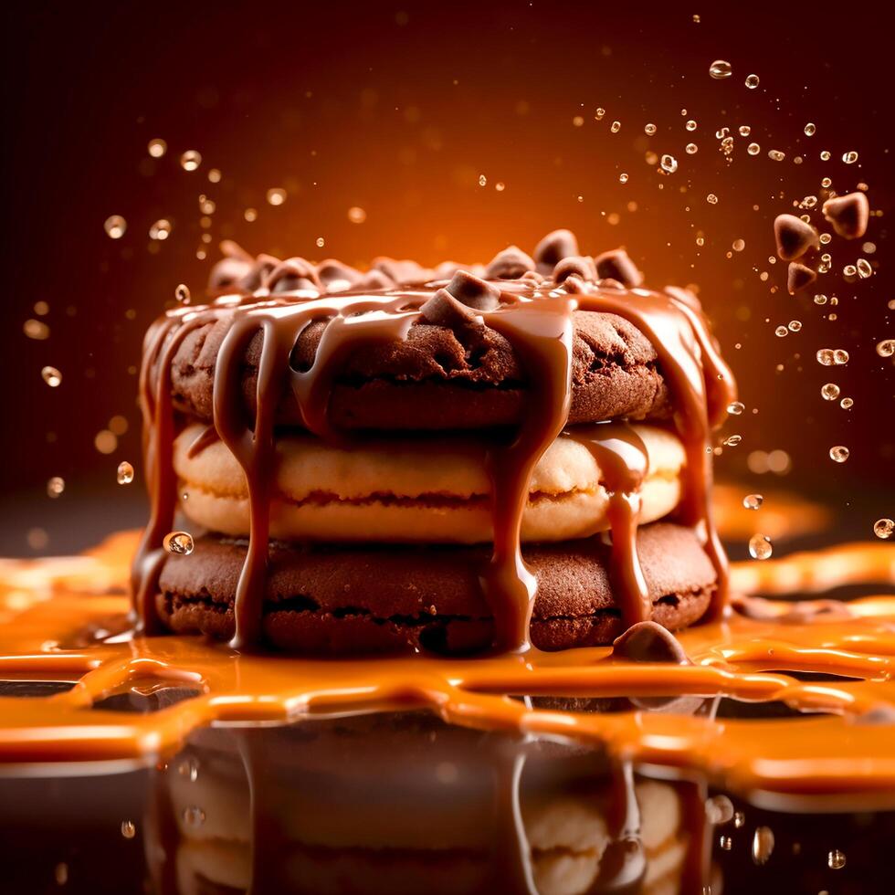 Chocolate Cookies and fresh vanilla milk cream flow on the abstract background photo
