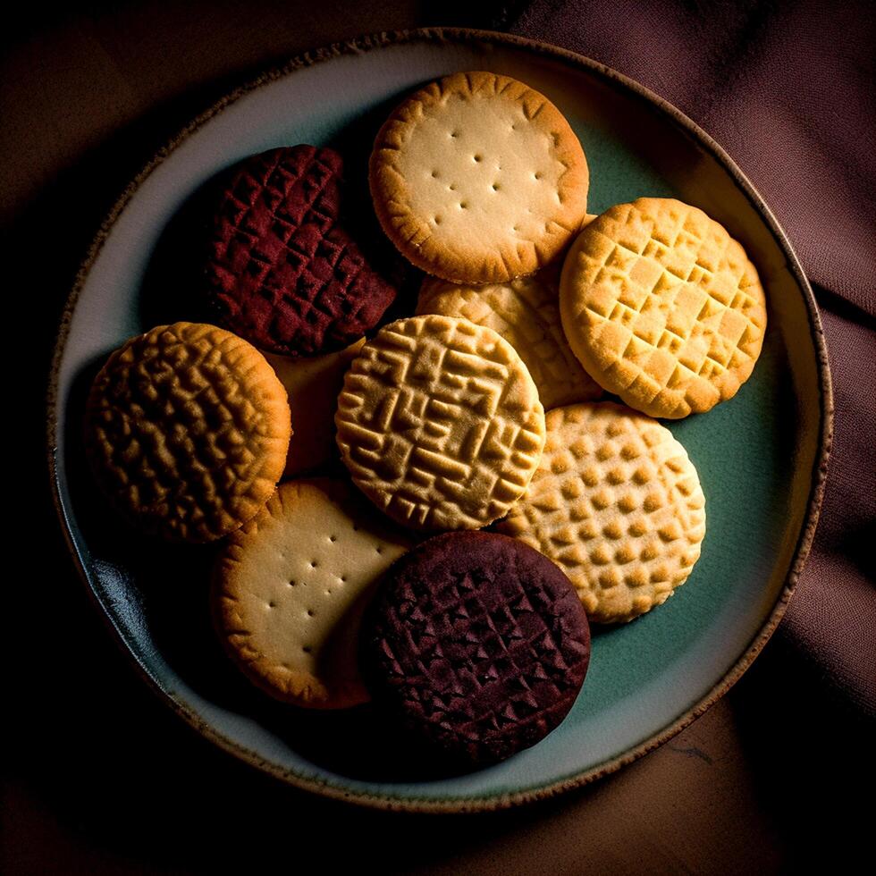 Assorted shortbread cookies on a plate on dark background photo
