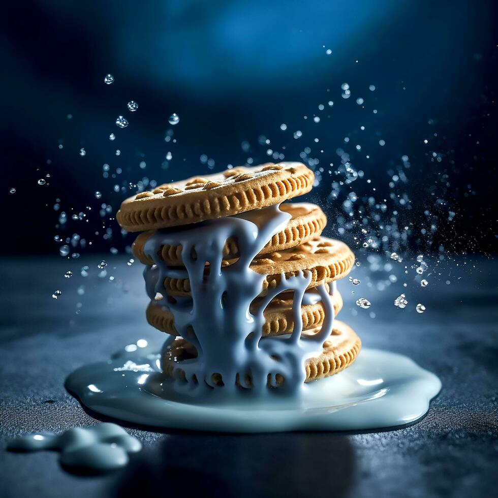 AI Generative Sandwich cookies with fresh vanilla cream flow on the dark background photo