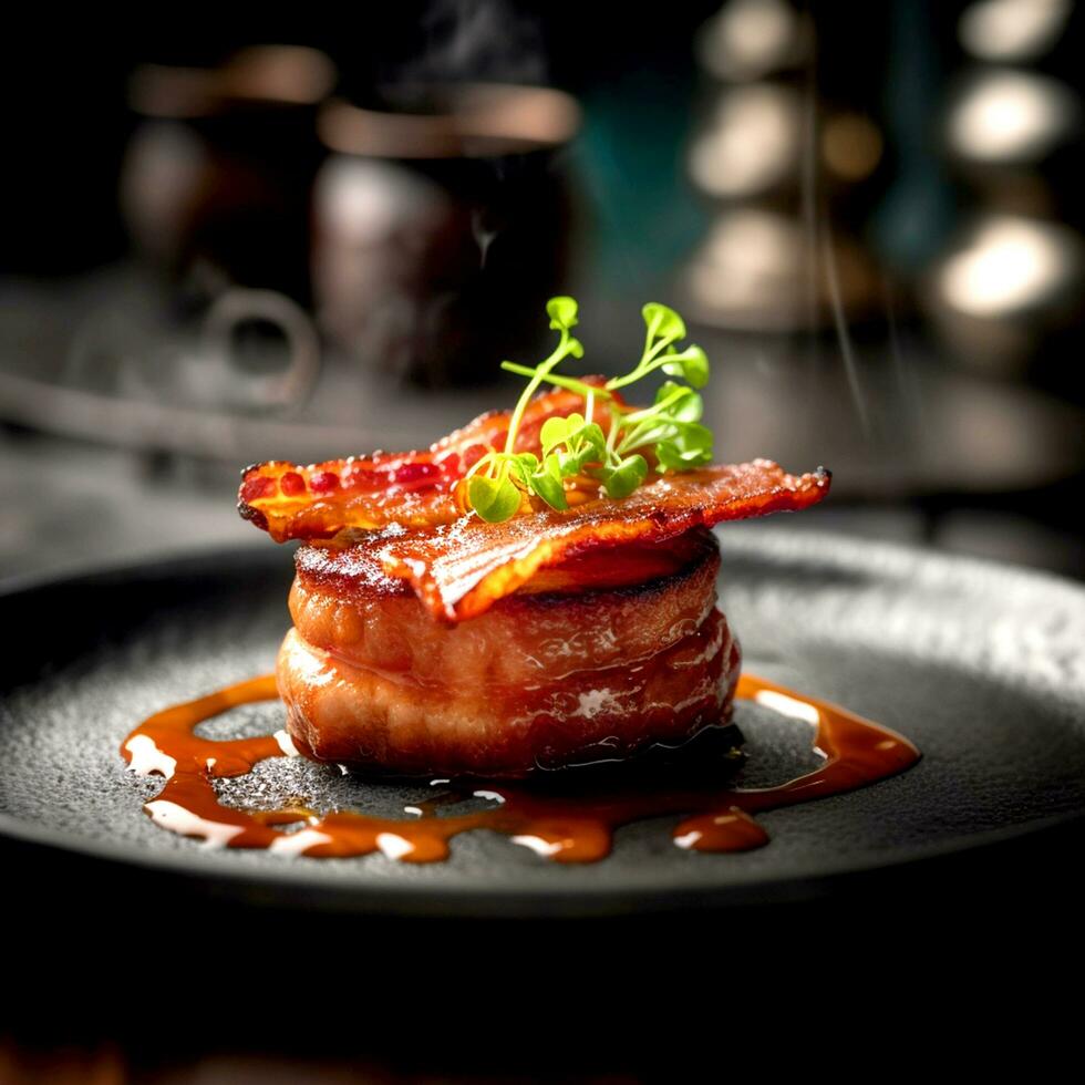 ai generativo delicioso tocino en un negro plato en un borroso oscuro antecedentes foto