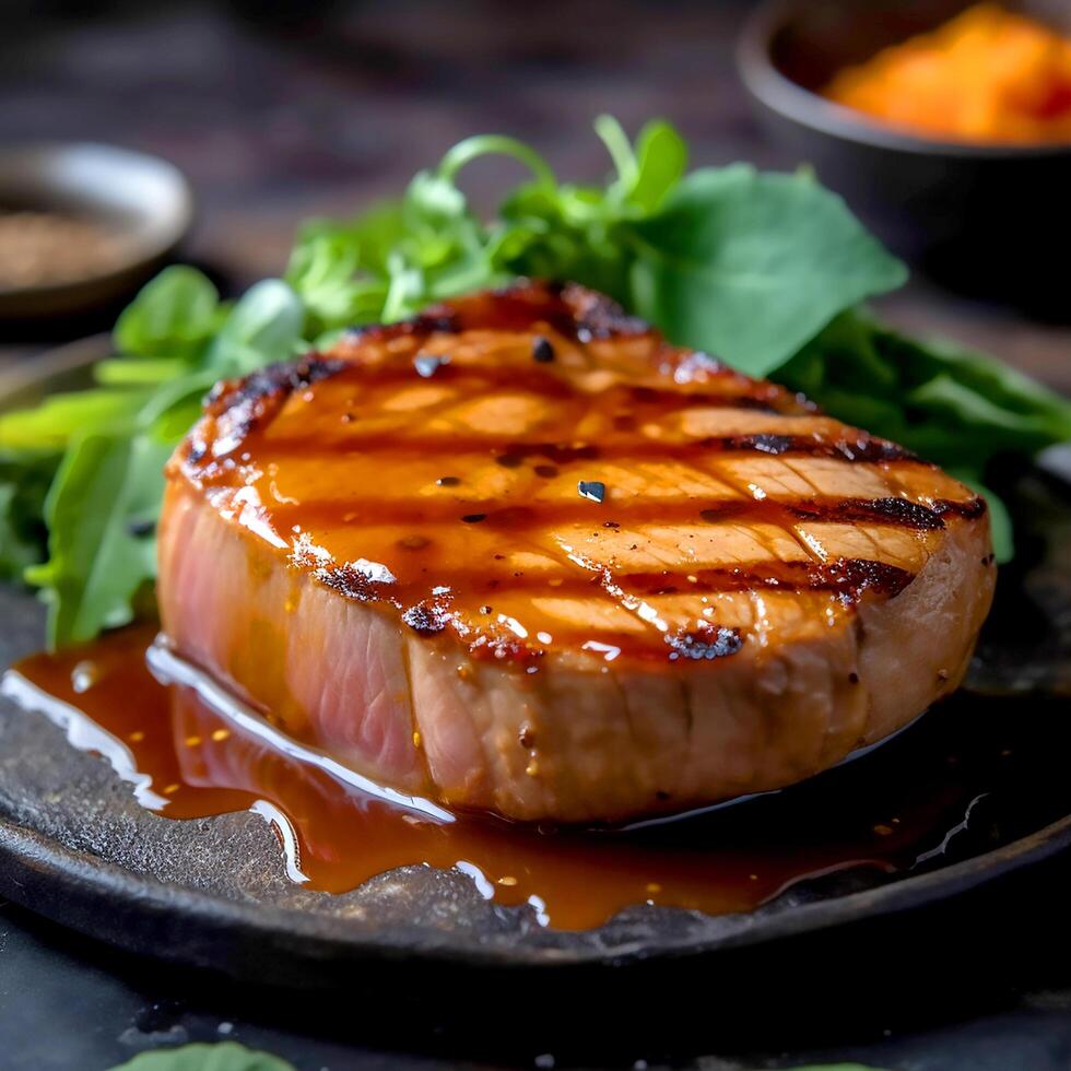 Delicious Tuna steaks marinated in a soy and honey glaze grilled on a dish 30565400 Stock Photo
