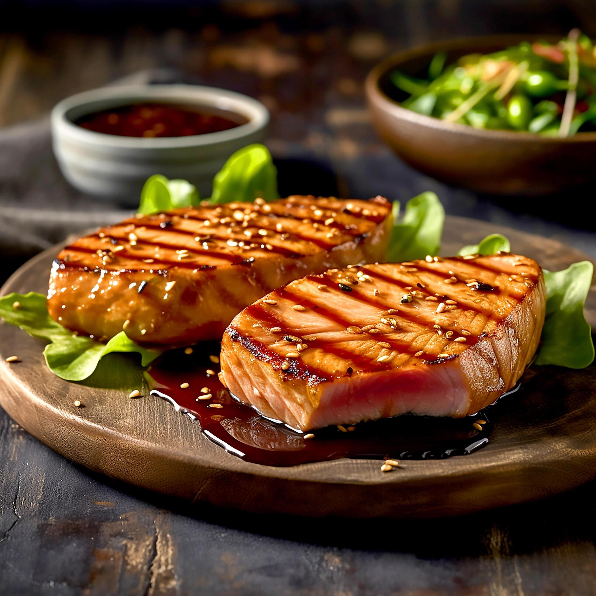 AI Generative Delicious Tuna steaks marinated in a soy and honey glaze grilled on rounded plate