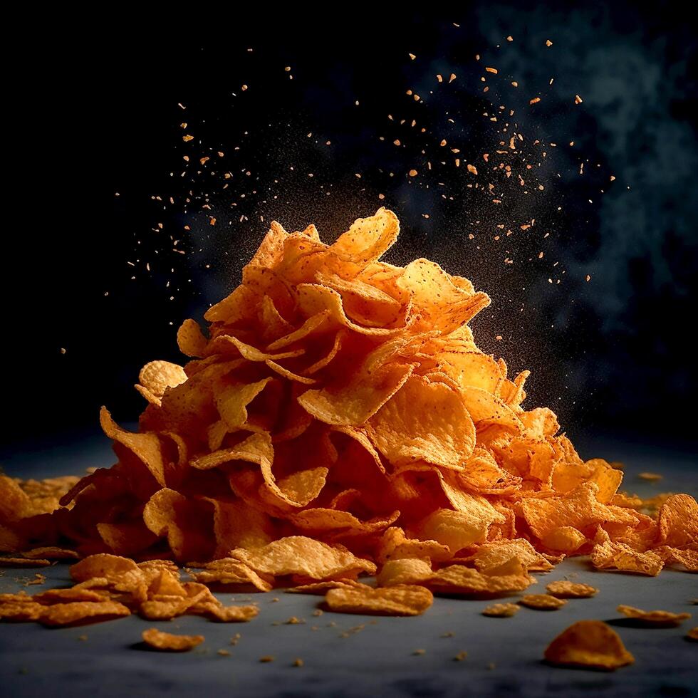 A towering of tasty crispy potato chips on dark background photo