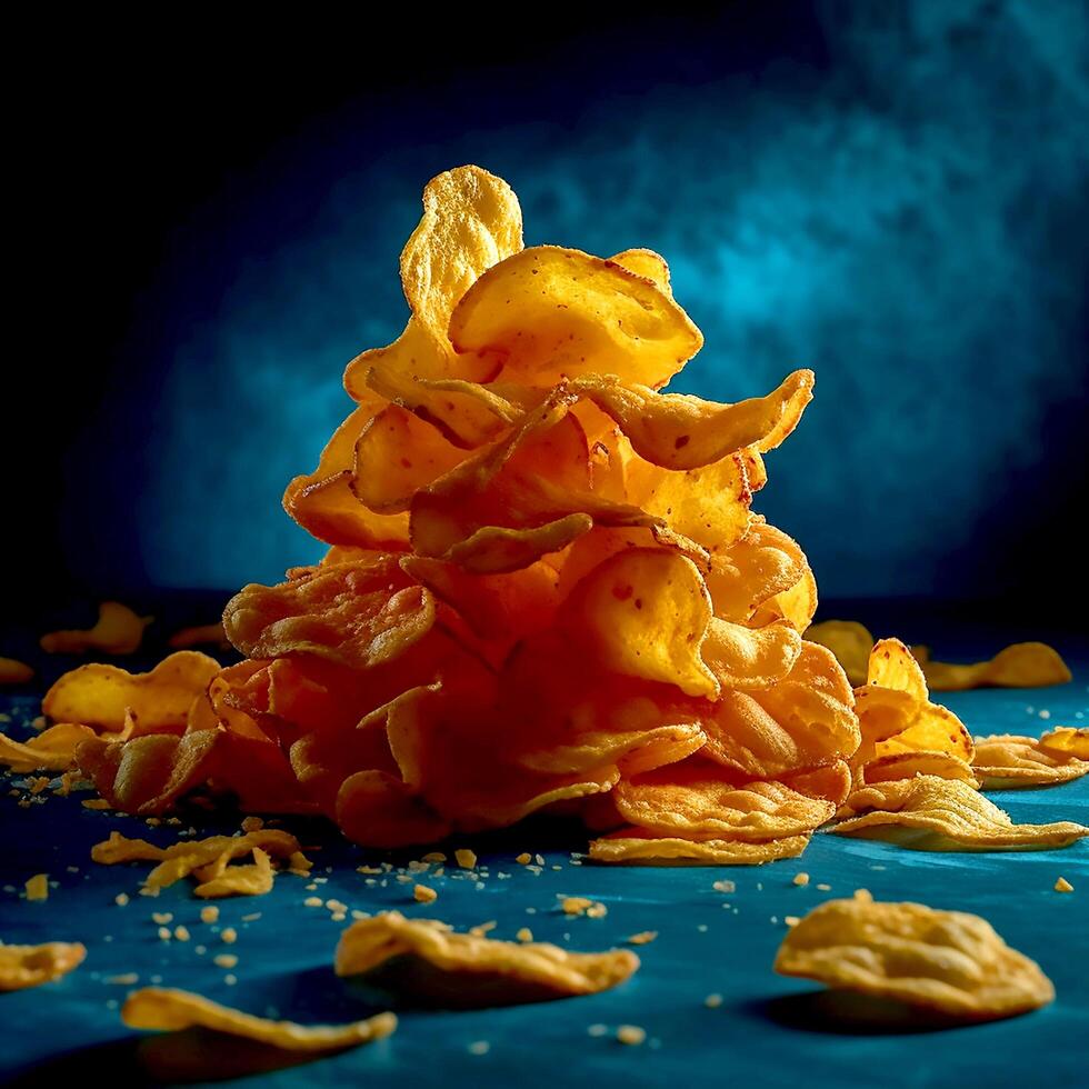 A towering of spicy crispy potato chips on dark photo