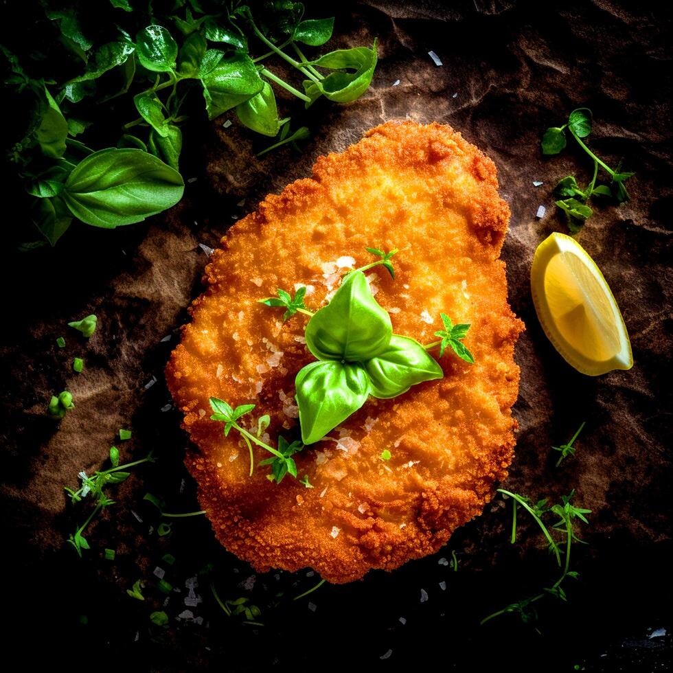 Freshly baked Schnitzel top view photo