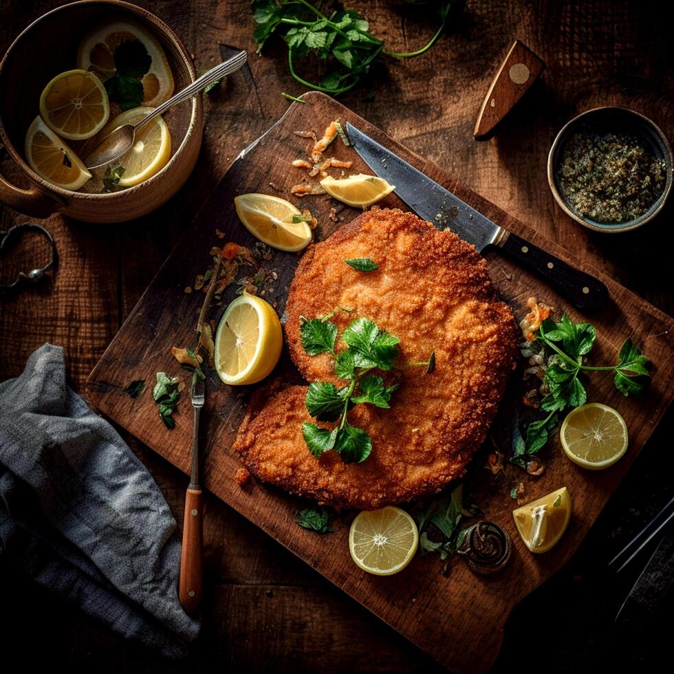 Freshly baked Schnitzel on a wooden tray photo