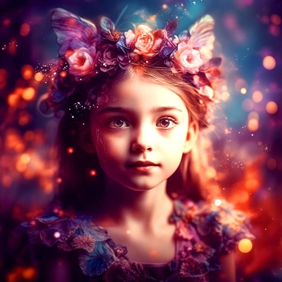 A cute little flower fairy in magical background photo
