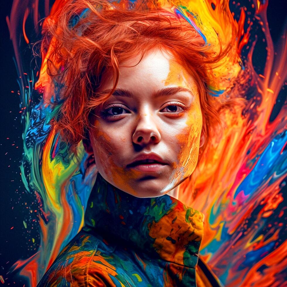 A girl in abstract clothes posing for the camera in a abstract background photo