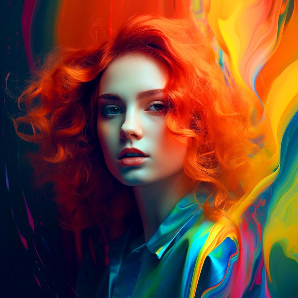 A elegant girl in abstract clothes posing for the camera in a abstract colorful background photo