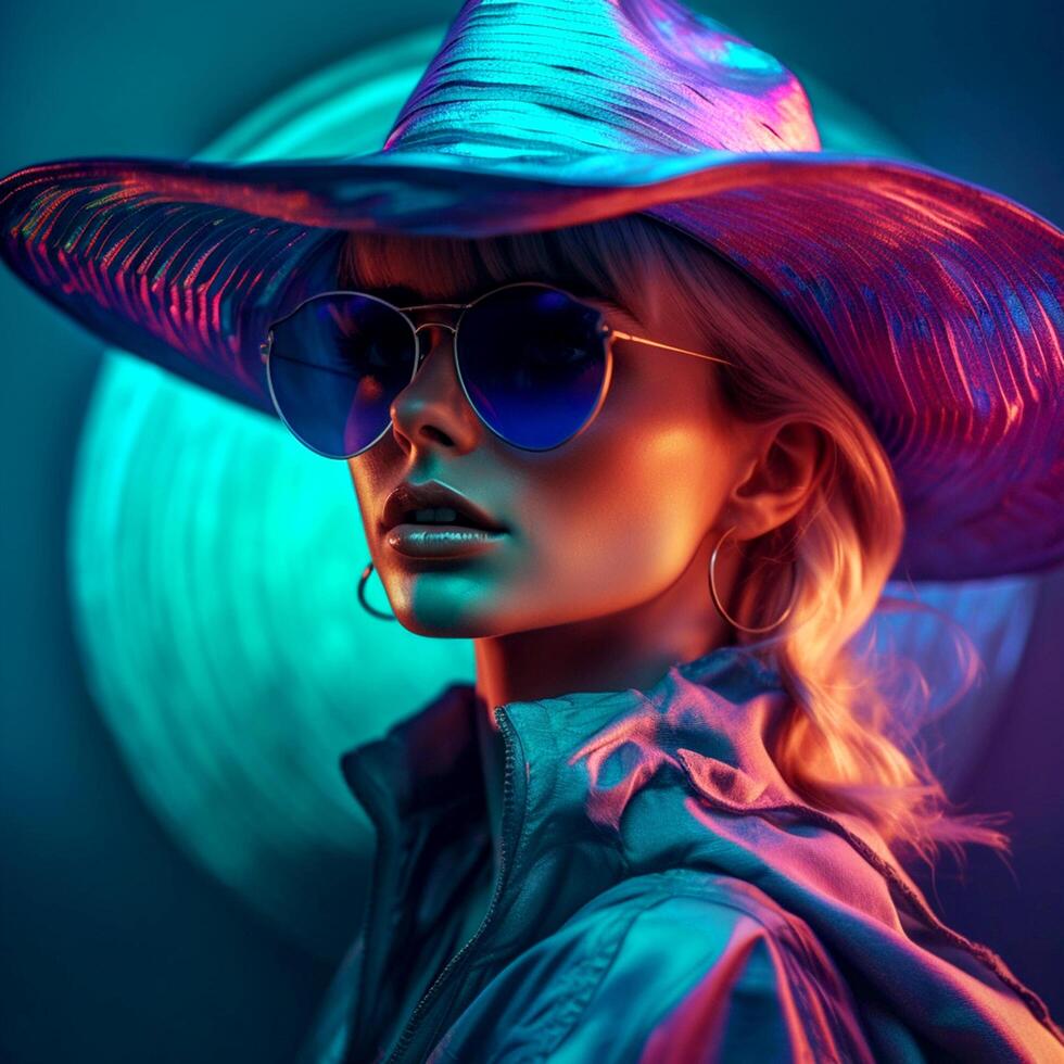 Stylish pretty women posing for the camera with a hat and sunglasses in a hologram background photo