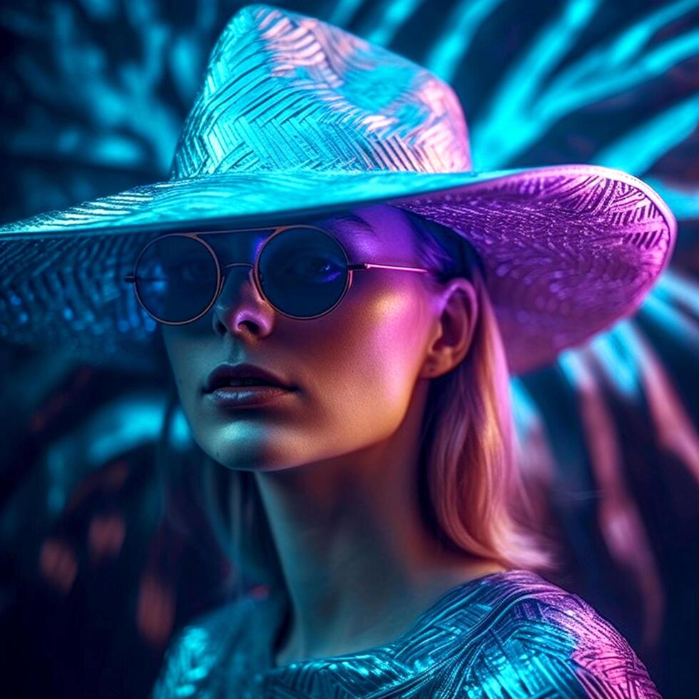 Stylish women posing for the camera with a hat and sunglasses in a dark theme photo