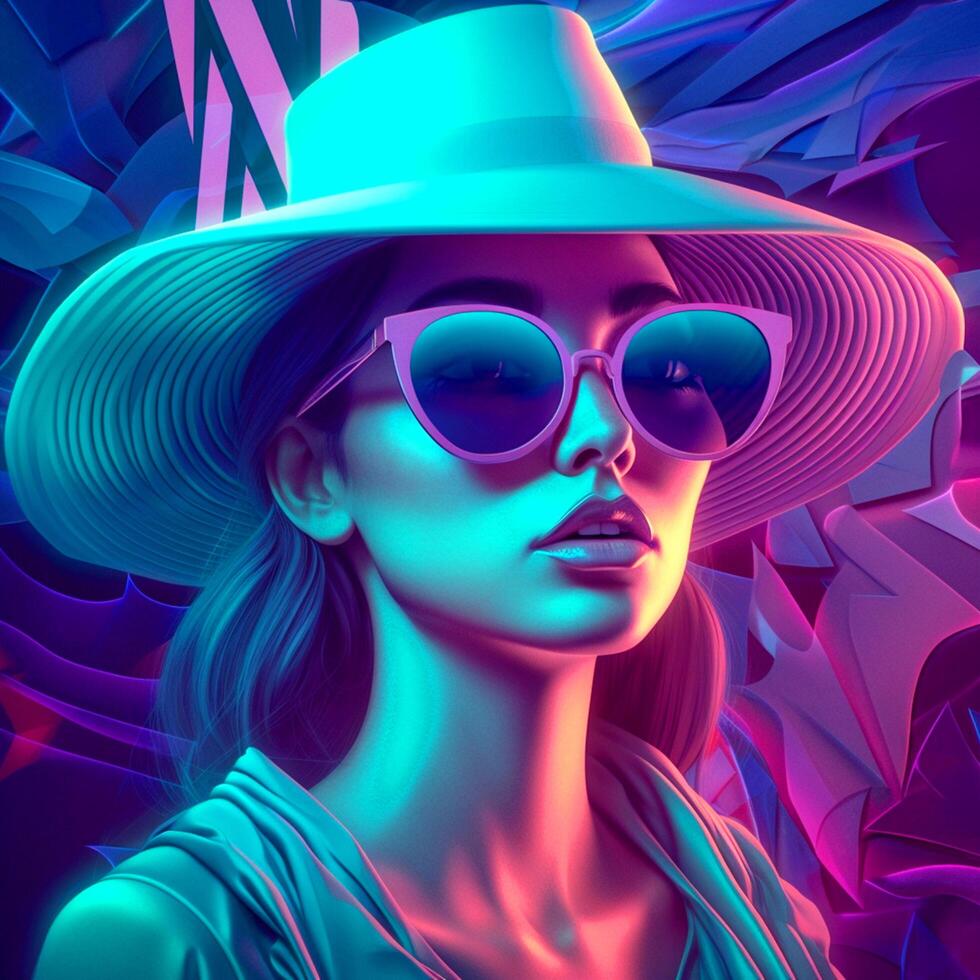Stylish women posing for the camera with a hat and sunglasses in a hologram theme photo