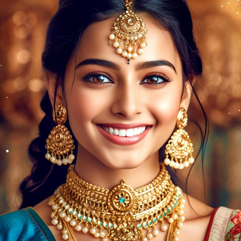 An gragarious girl wearing a saree and strong jewelry on a blurred background photo