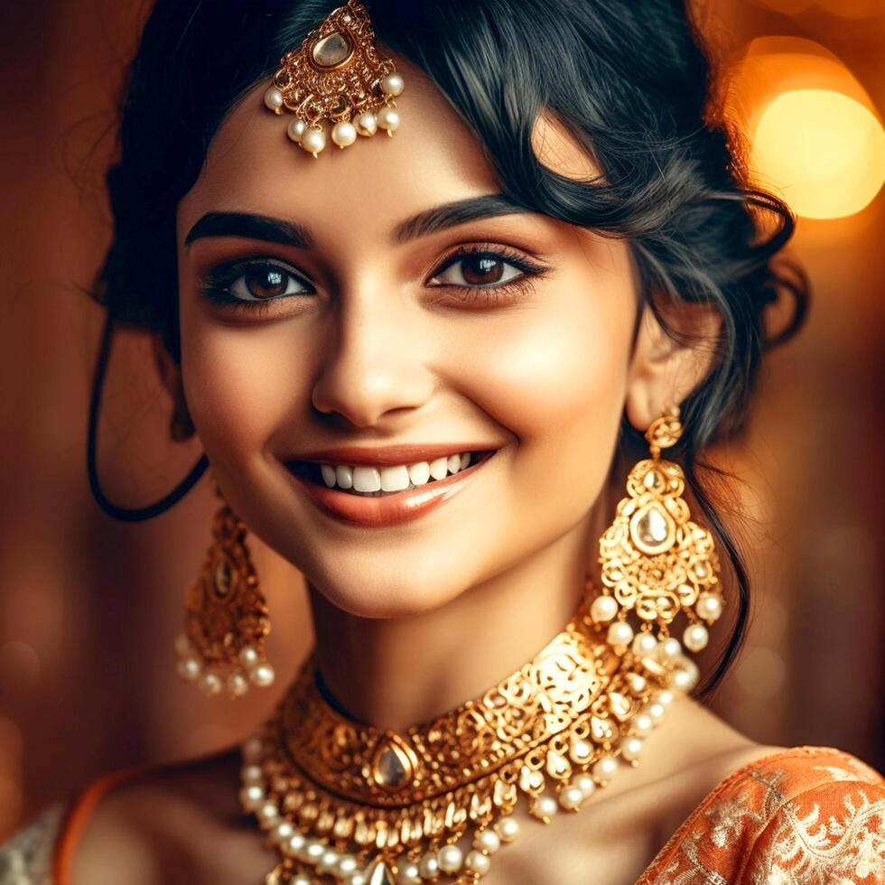 A pretty girl wearing an Indian saree and gold jewelry photo