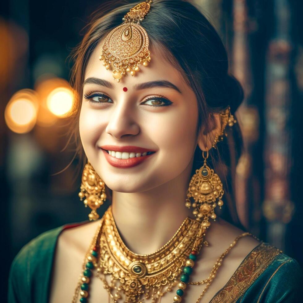 Gregarious Indian girl with beautiful eyes wearing a saree and jewelry in a blurred background photo