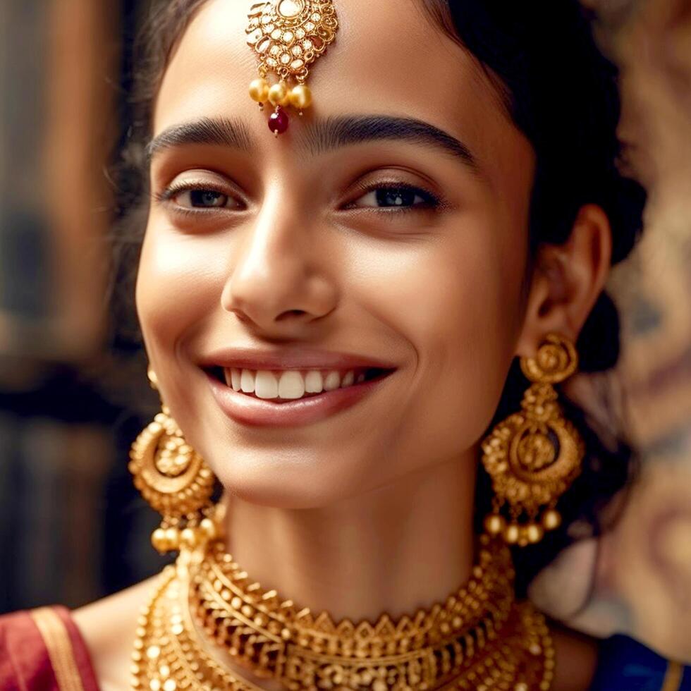 A close up of a gregarious girl with a cute face in an abstract saree and gold jewelry on an abstract background photo