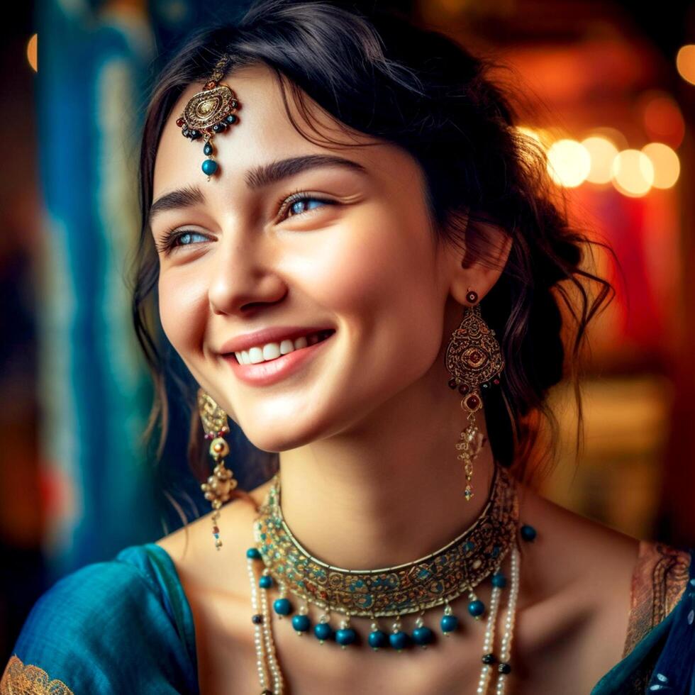 A pretty girl with a cute face in an green saree and gold jewelry on a blurred background photo