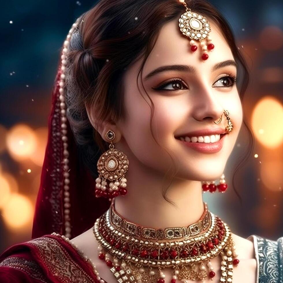 A pretty girl with a cute face in an abstract saree and gold jewelry on a blurred background photo