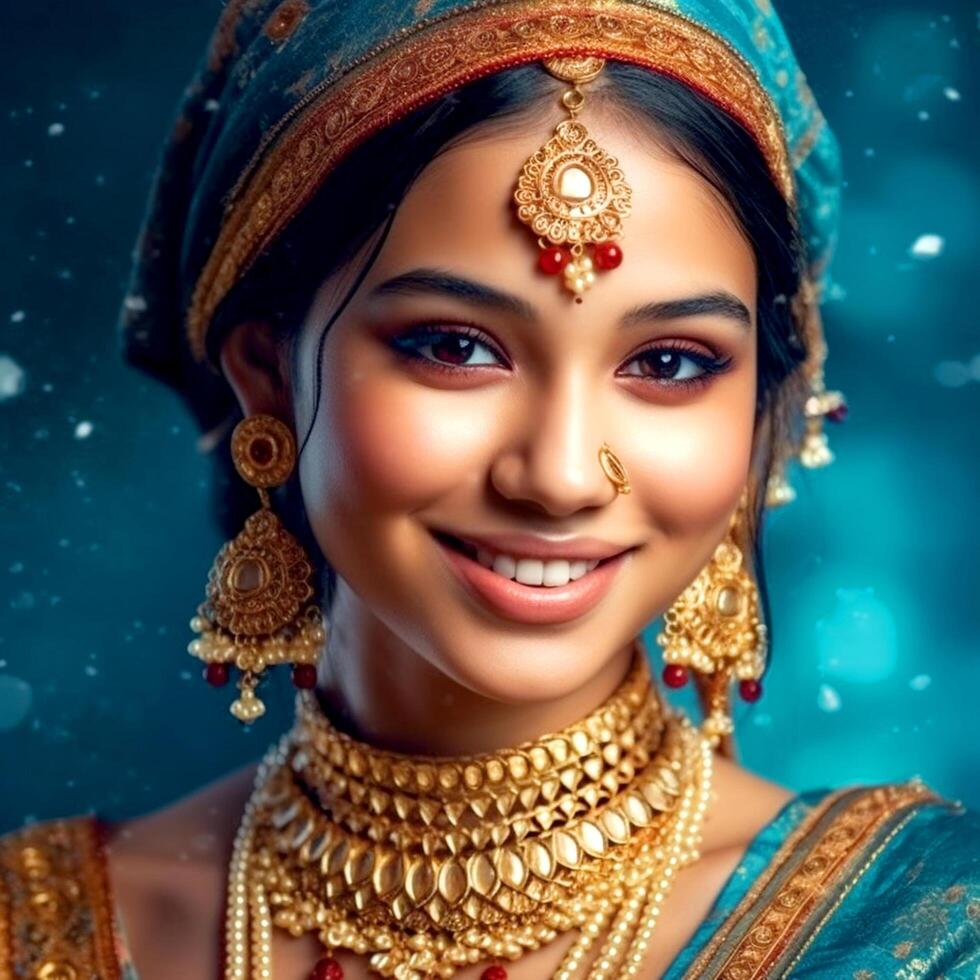 Close-up of a gregarious girl with a cute face wearing a green saree and gold jewelry on an dark blue background photo