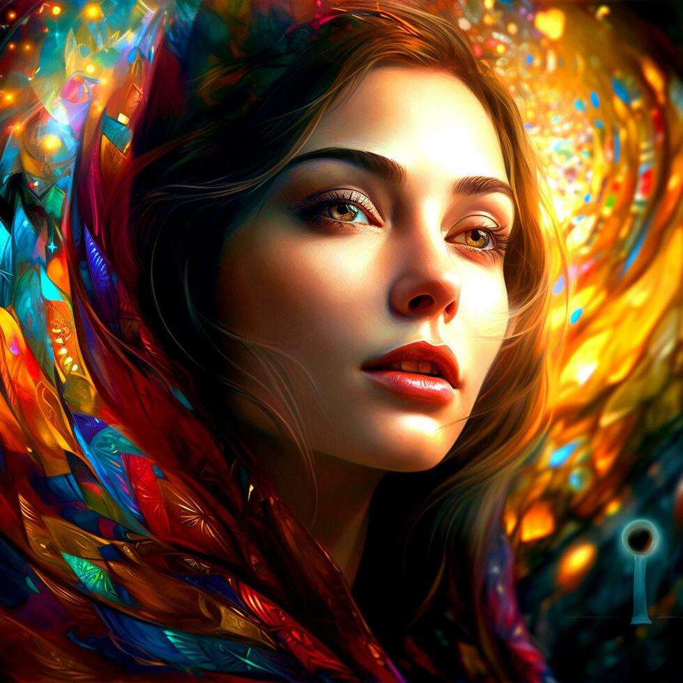 AI Generative Painting of a pretty girl with colorful hair art on abstract background photo