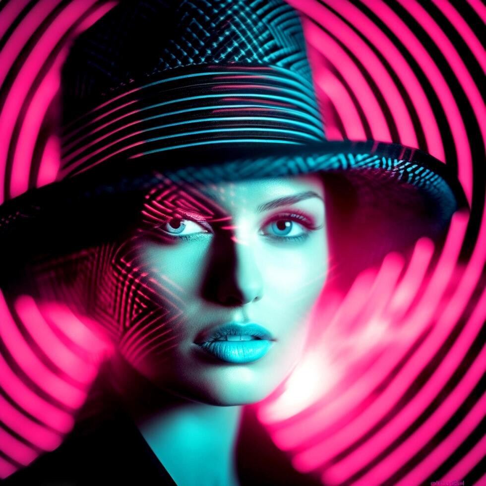 A close-up of a beautiful girl wearing a hat on red background photo