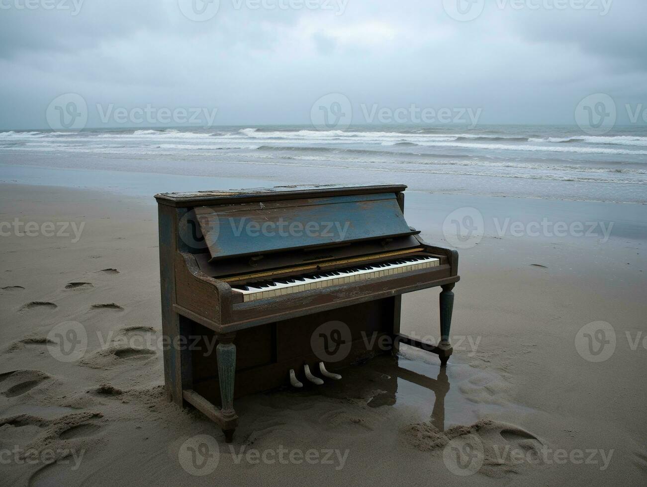 Blue Piano on Empty Beach. Minimalist Concept Photography. Ai Generated photo