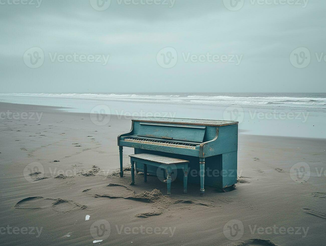 Blue Piano on Empty Beach. Minimalist Concept Photography. Ai Generated photo