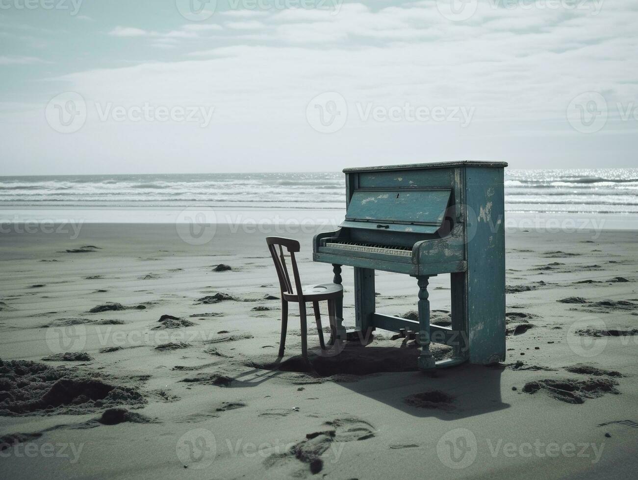 Blue Piano on Empty Beach. Minimalist Concept Photography. Ai Generated photo