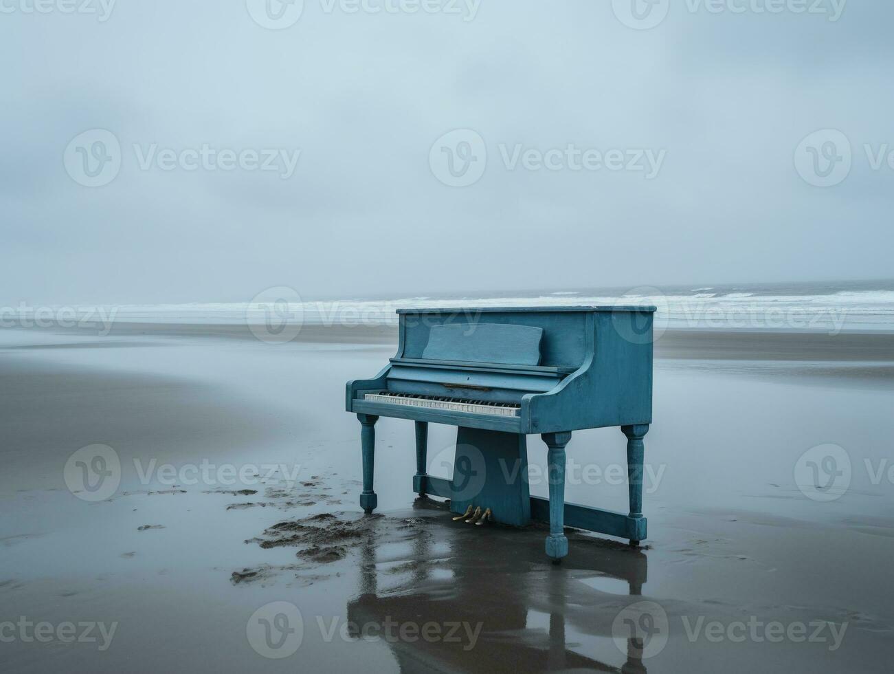 Blue Piano on Empty Beach. Minimalist Concept Photography. Ai Generated photo