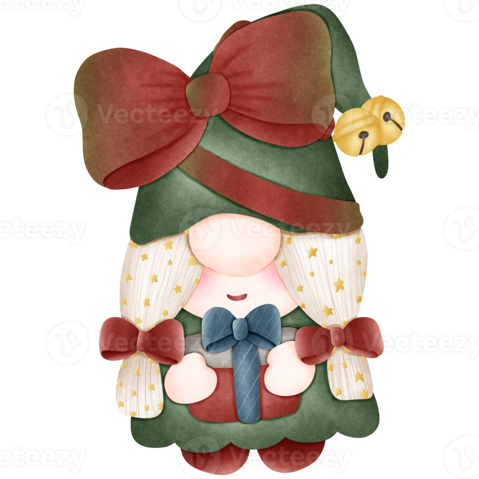 A female gnome wears a green dress with a red bow on it. png