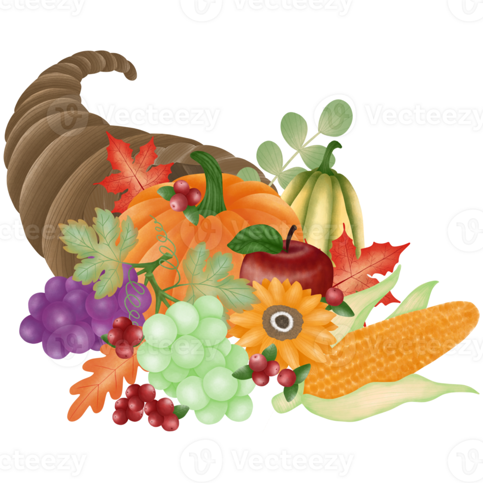 Cornucopia filled with fruits and vegetables for thanksgiving day png