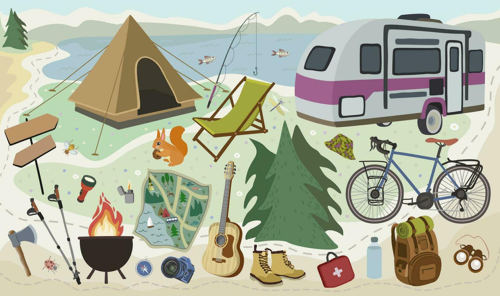 Outing equipment. Summer vacation items. Tourism concept. Hiking and camping collection vector