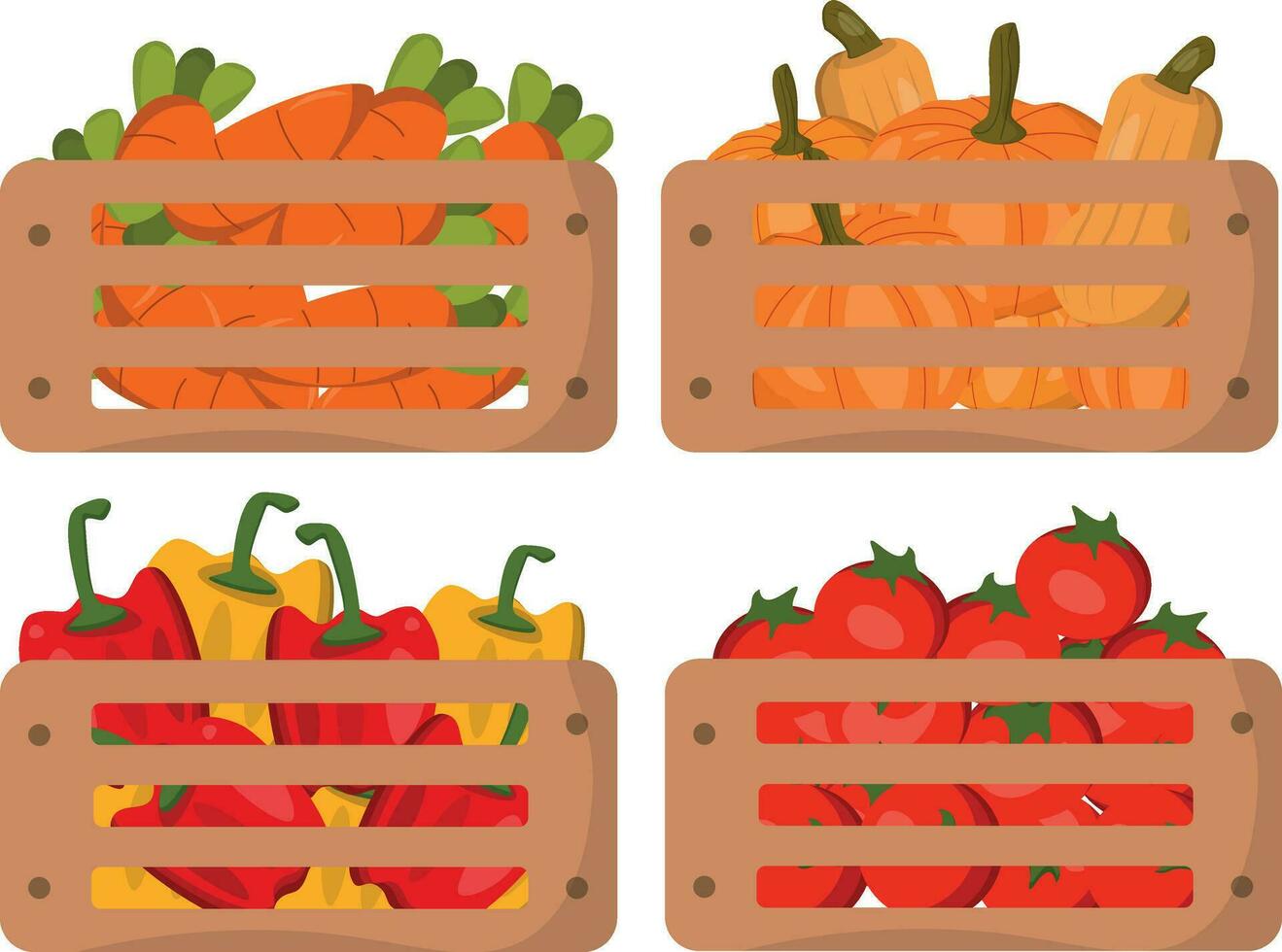 clipart of wooden boxes with vegetables, vegetables in cartoon style vector