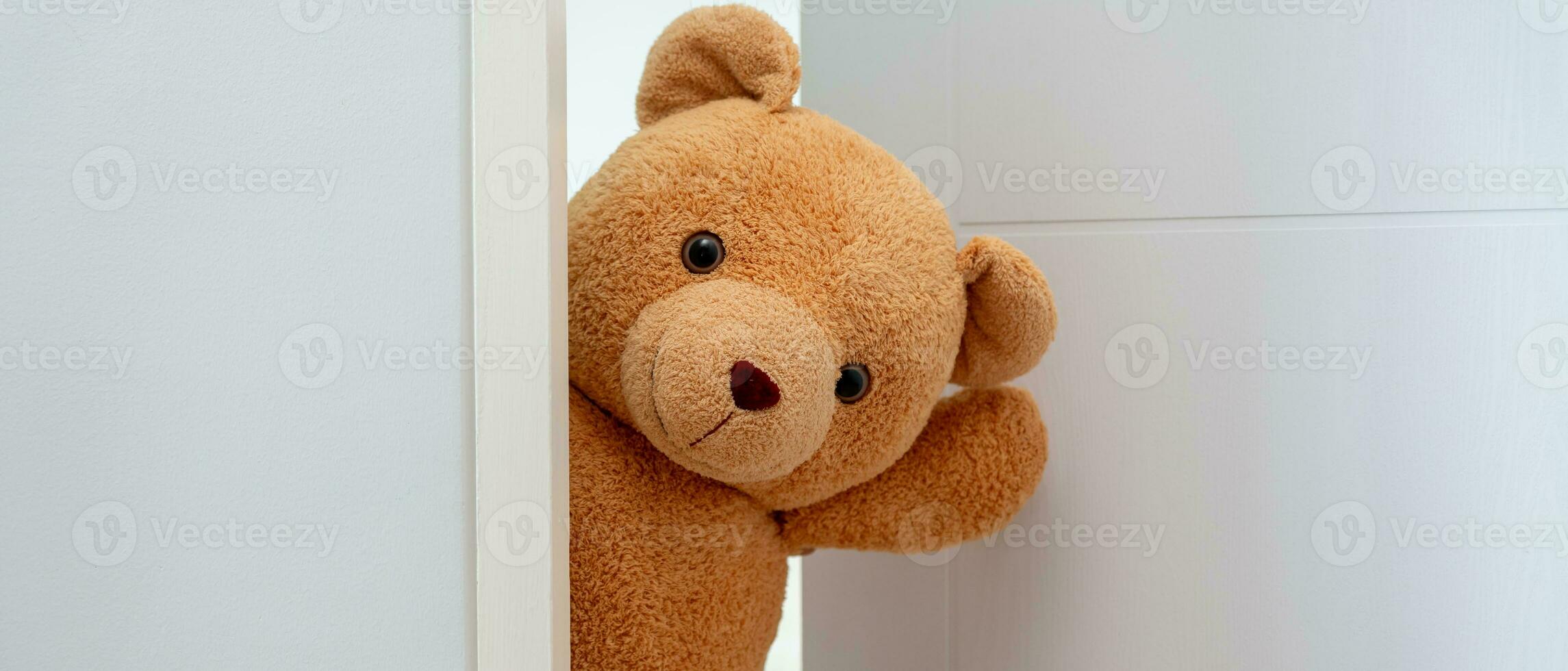 Cute brown Teddy bear toy sneak behind the door and surprise to congratulate the special day holiday festivals. game child, day care, welcome, kid day, shy childhood, party funny, stuffed doll photo