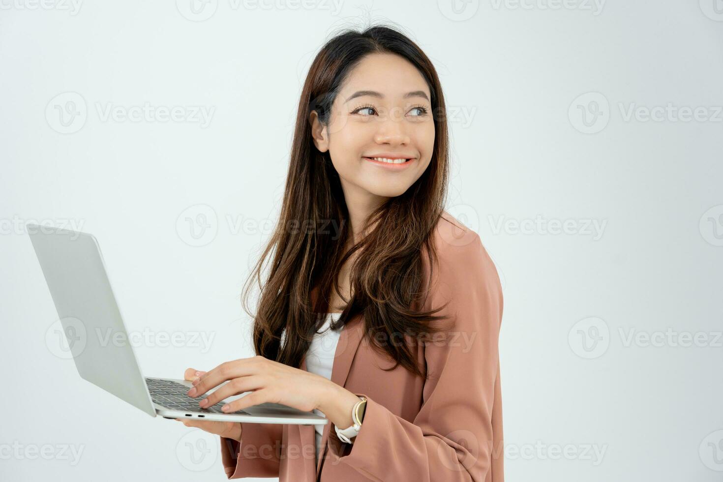 working woman, Portrait of smiling Asia girl in work clothes using laptop, sit at office and doing research, copy space, happy cheerful cute business, positive energy, Business plan, female executive photo