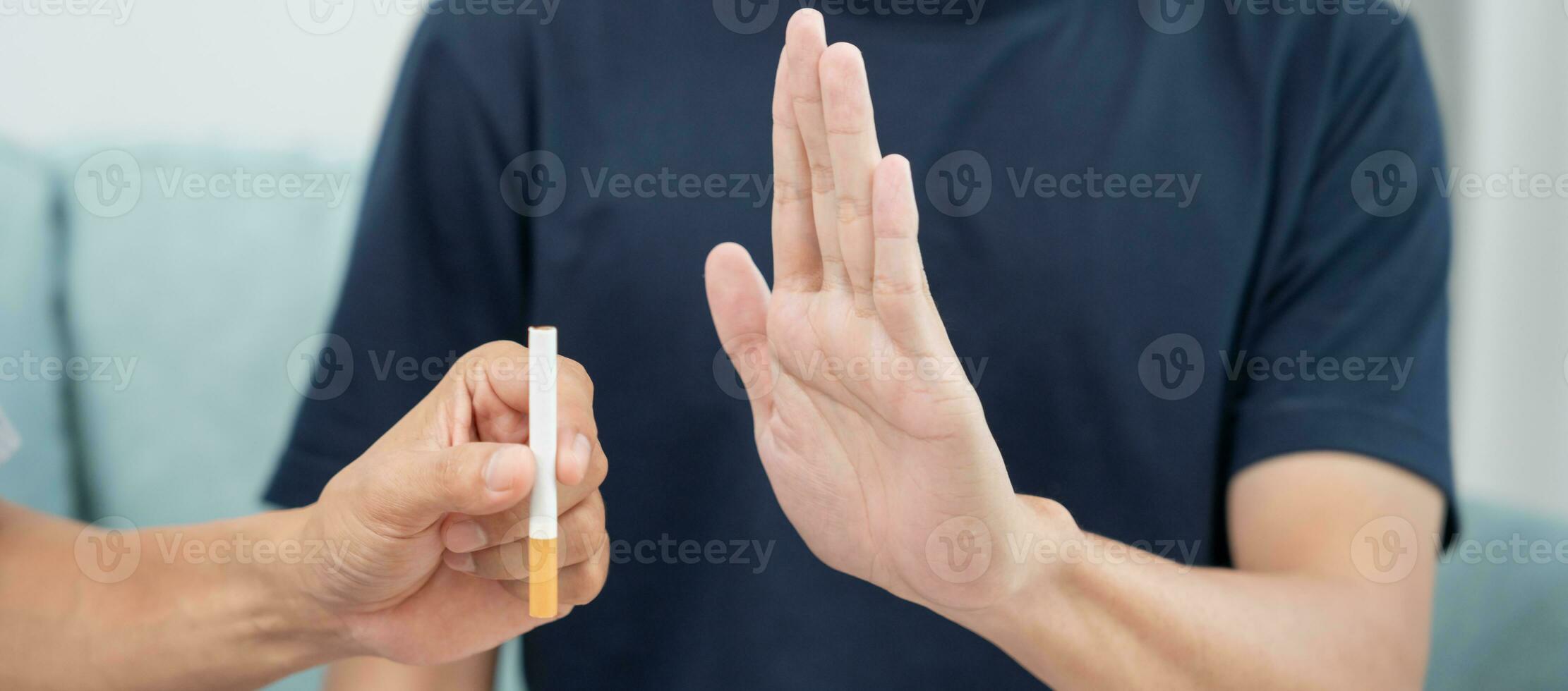 No smoking. Man stop smoke, refuse, reject, break take cigarette, say no. quit smoking for health. world tobacco day. drugs, Lung Cancer, emphysema , Pulmonary disease, narcotic, nicotine effect photo