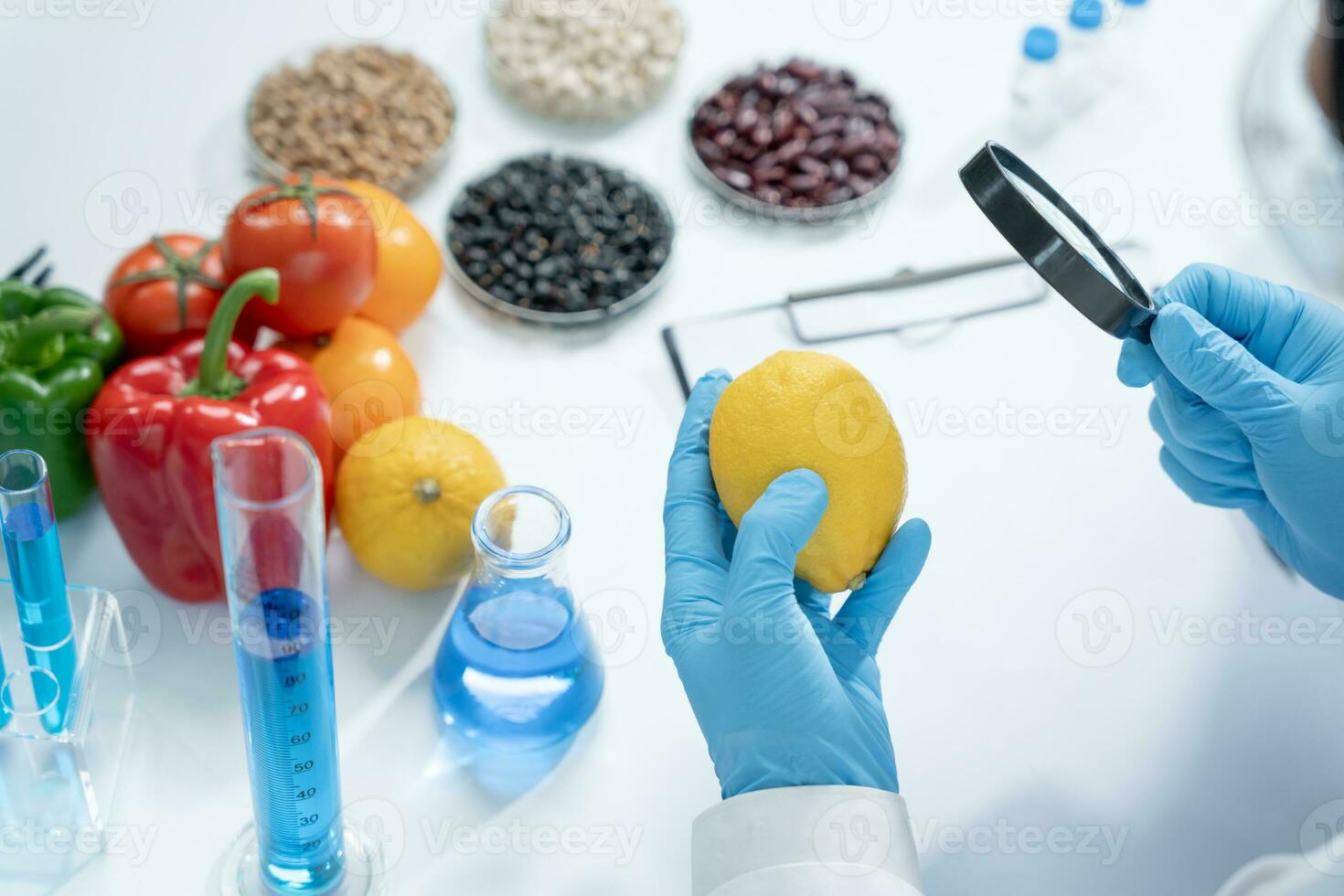 Scientist check chemical fruit residues in laboratory. Control experts inspect the concentration of chemical residues. hazards, standard, find prohibited substances, contaminate, Microbiologist photo